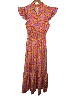 FANTASTIC FAWN NWOT Floral Smocked Tiered Maxi Dress Pink Boho Summer Small
